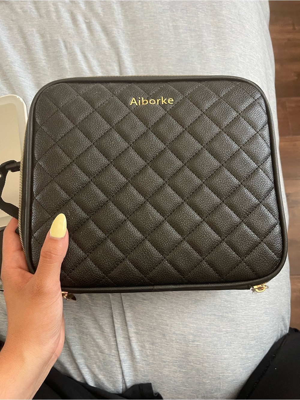 Quilted Black Travel Make-up Bag with LED mirror
